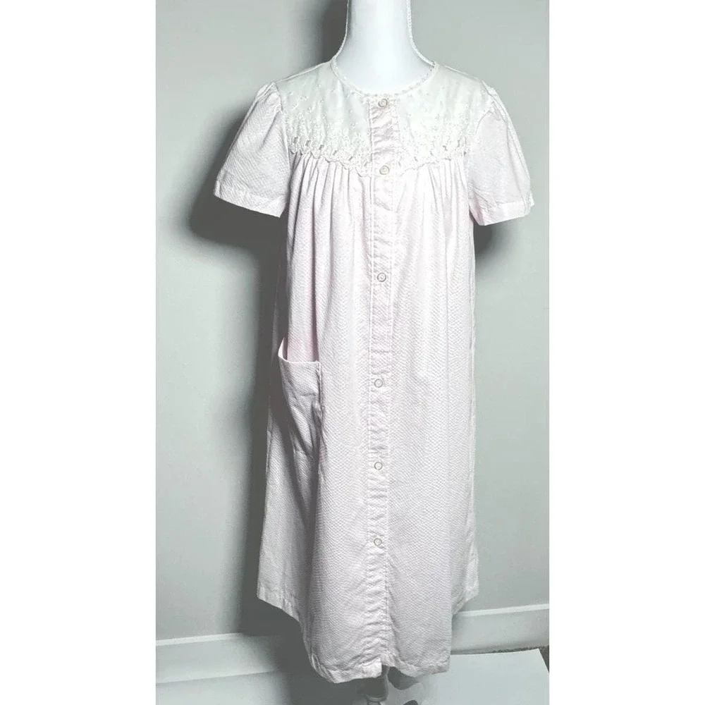 Vtg Carole Pink Seersucker Nightgown Housecoat Set Sz‎ S USA Pocket Cottagecore